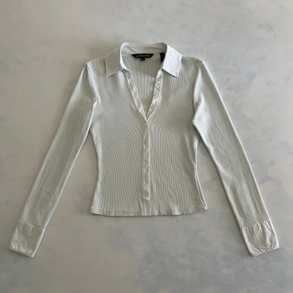 Veronica Beard Ribbed Mint Scottie Button-Down Office Siren Fitted Blouse